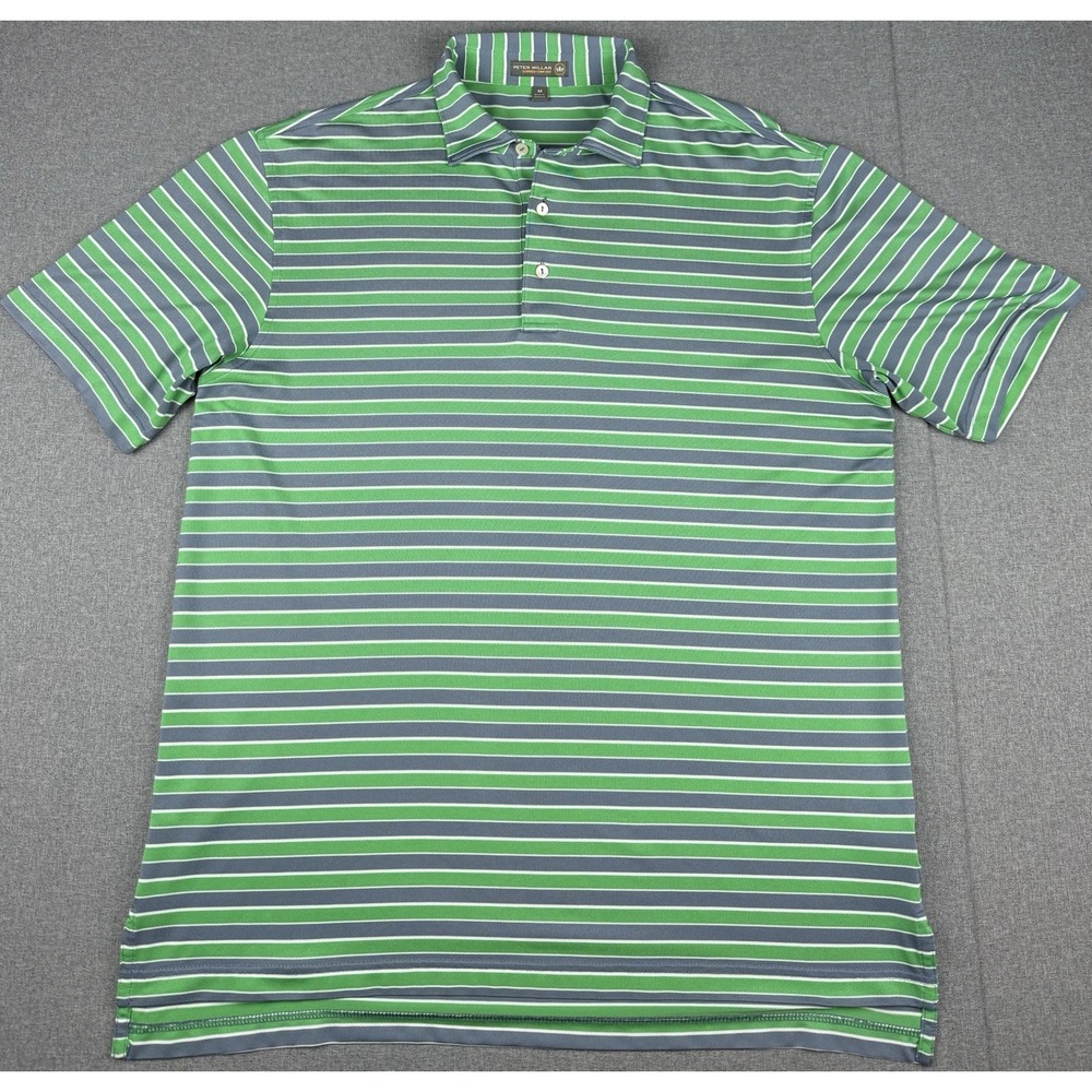 Peter Millar Summer Comfort Mens M Golf Polo Shirt Green Blue Striped Stretch